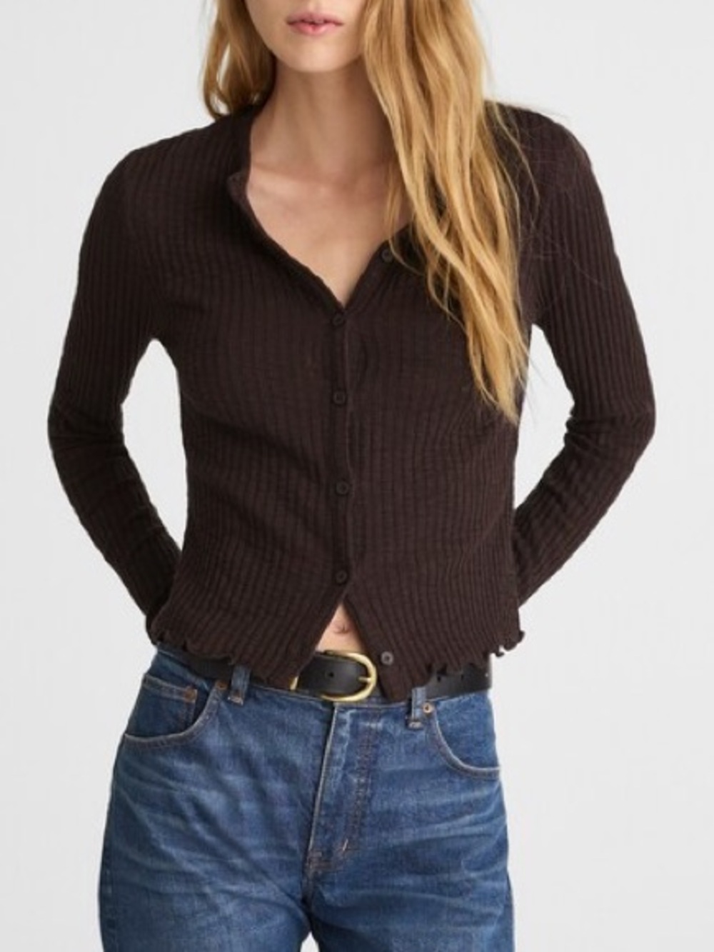 Madewell Lettuce-Hem Ribbed Cardigan in Molasses dark brown women’s medium top